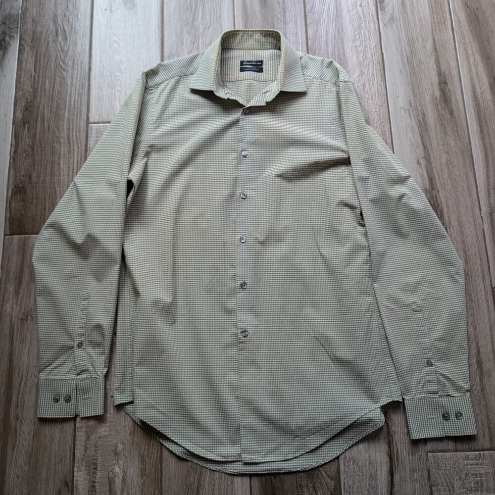 Kenneth Cole Slim Fit Check Dress Shirt 15.5 34/35 Green Gray 100% Cotton